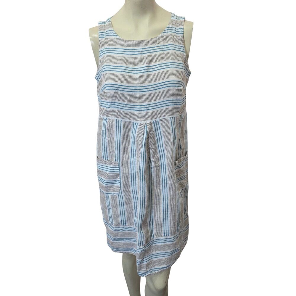 J Jill Love Linen 100% Linen Striped Sleeveless Shift Dress Pockets Blue S Midi